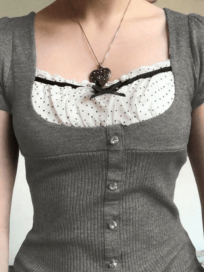 Ruffle Patchwork Buttoned Knit Top Gray / S Sweaters