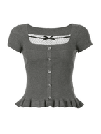Ruffle Patchwork Buttoned Knit Top Sweaters