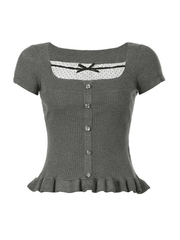 Ruffle Patchwork Buttoned Knit Top Sweaters