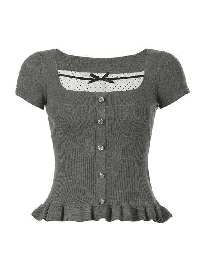 Ruffle Patchwork Buttoned Knit Top Sweaters