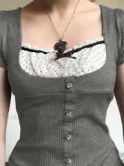 Ruffle Patchwork Buttoned Knit Top Gray / S Sweaters