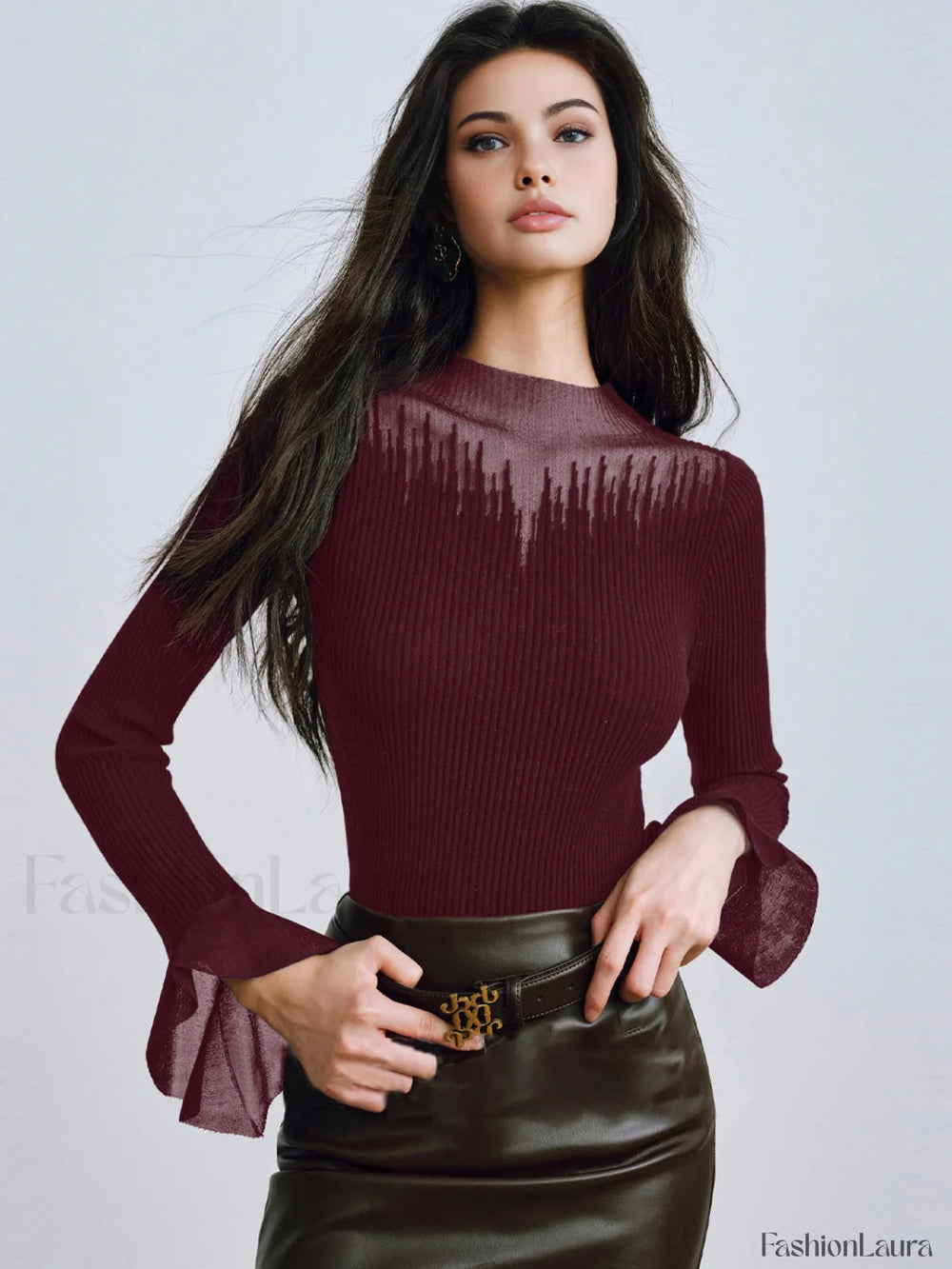 Ruffle Sleeve Thin Sweater Burgundy / XS Sweaters