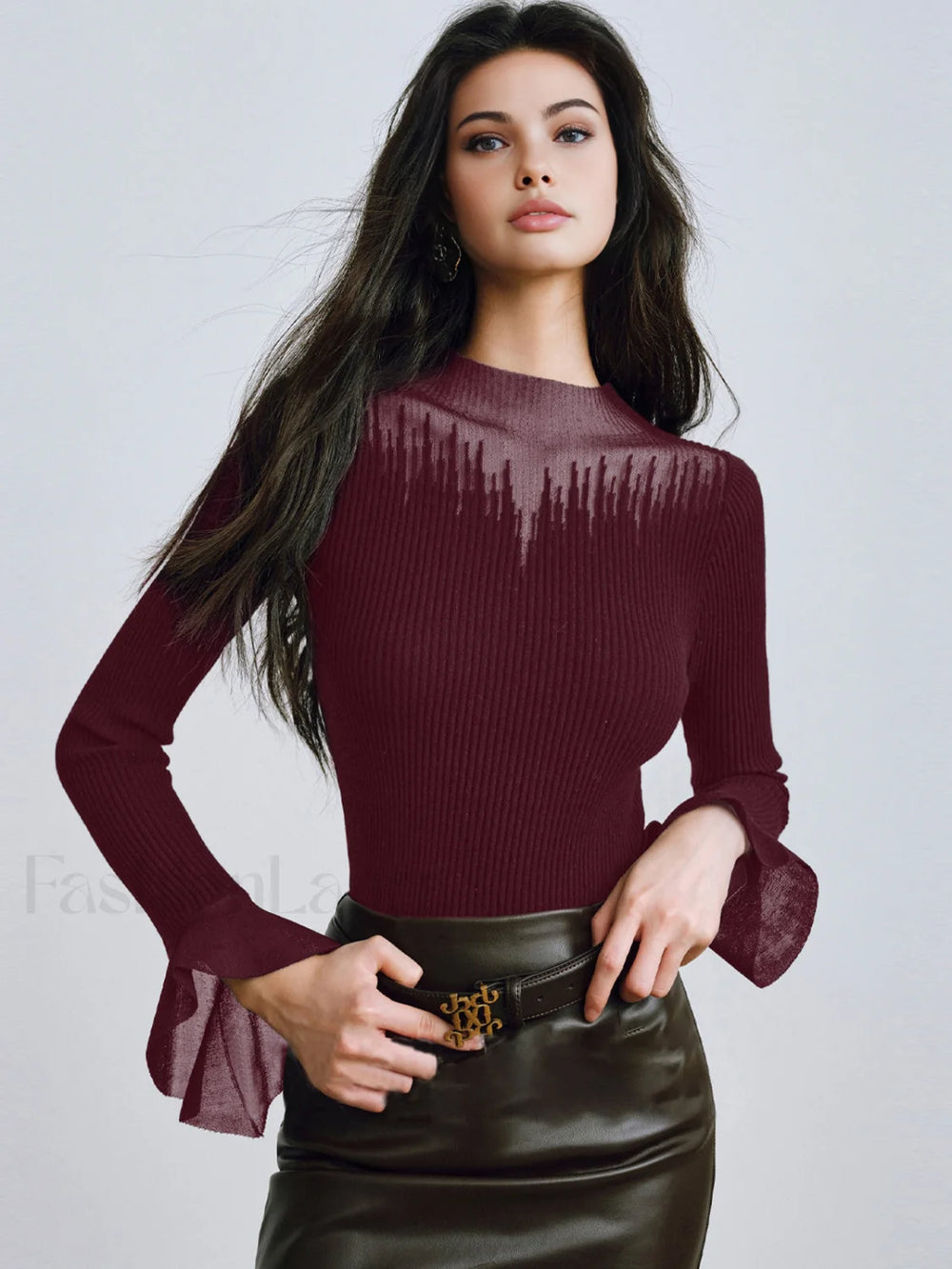 Ruffle Sleeve Thin Sweater Burgundy / XS Sweaters