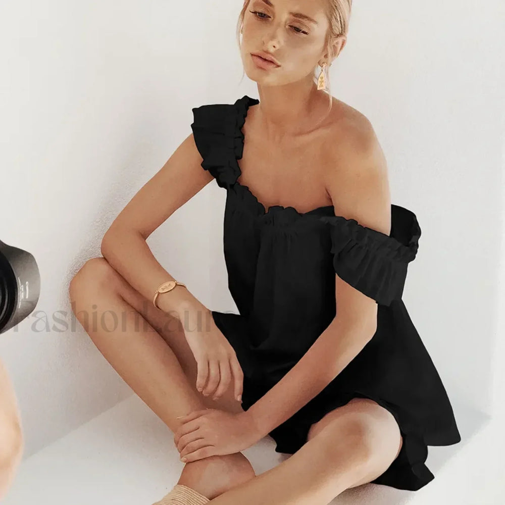 Ruffle Solid Shorts Lounge Set Black / S