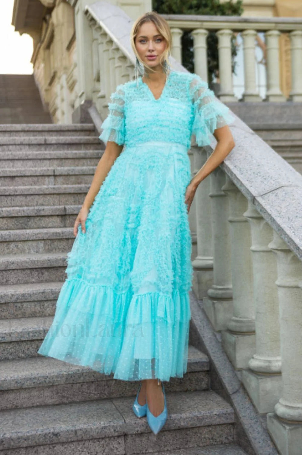 Ruffle Tiered Spotted Charming Tulle Maxi Dress