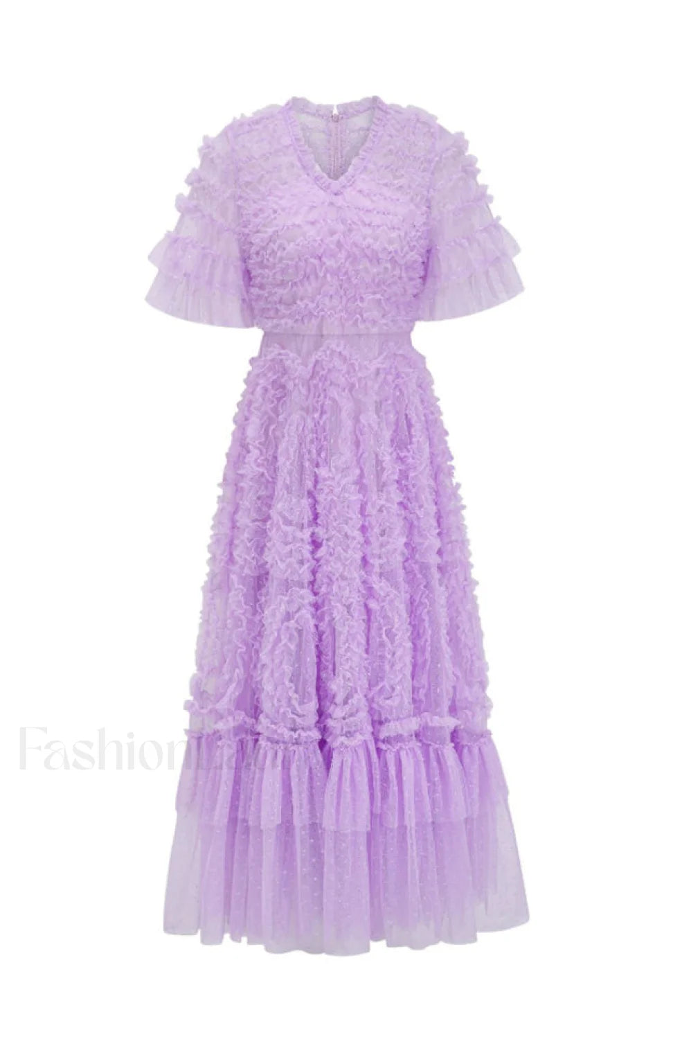 Ruffle Tiered Spotted Charming Tulle Maxi Dress S / Lilac