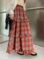 Ruffle Trim Plaid Maxi Skirt Red / One Size