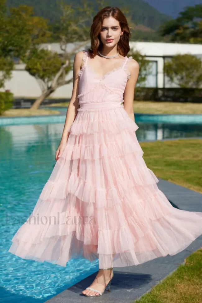 Ruffle V Neck Charming Tiered Tulle Evening Dress M / Blush Main image