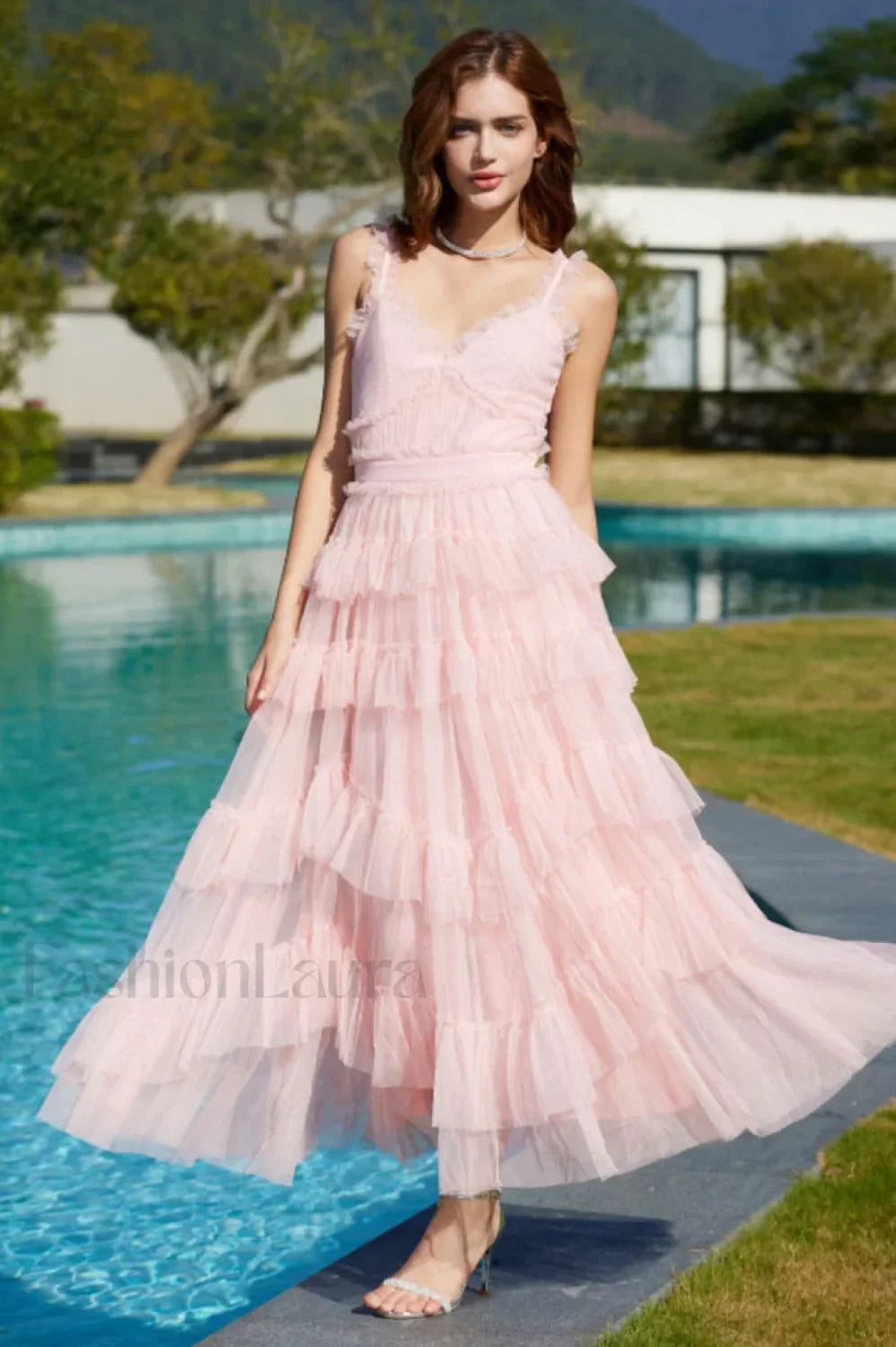 Ruffle V Neck Charming Tiered Tulle Evening Dress M / Blush Main image