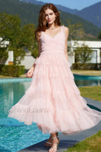 Ruffle V Neck Charming Tiered Tulle Evening Dress S / Blush