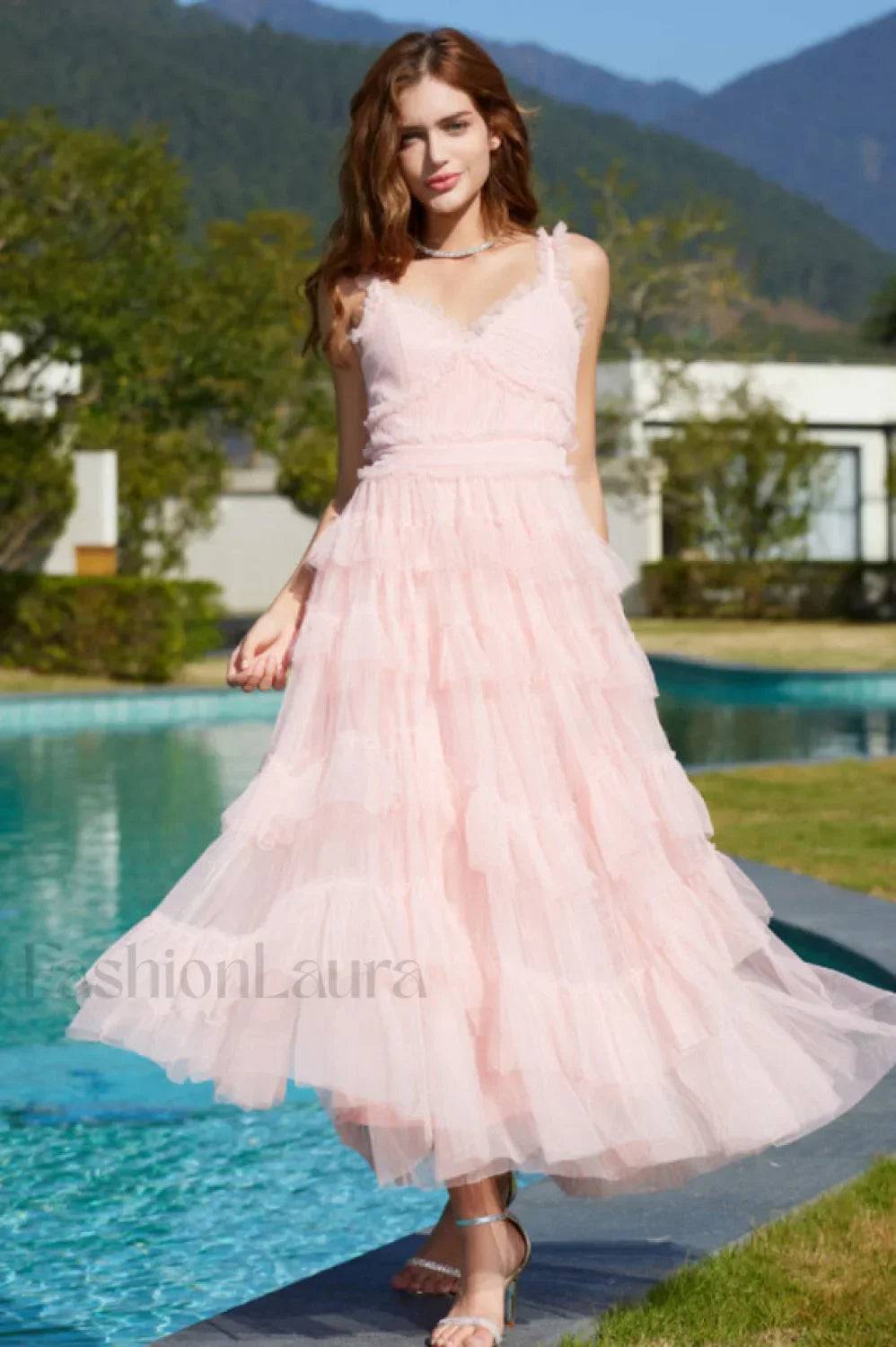 Ruffle V Neck Charming Tiered Tulle Evening Dress S / Blush