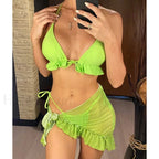 Ruffled Backless Halter Three Piece Set Green / S