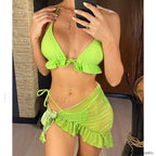 Ruffled Backless Halter Three Piece Set Green / S
