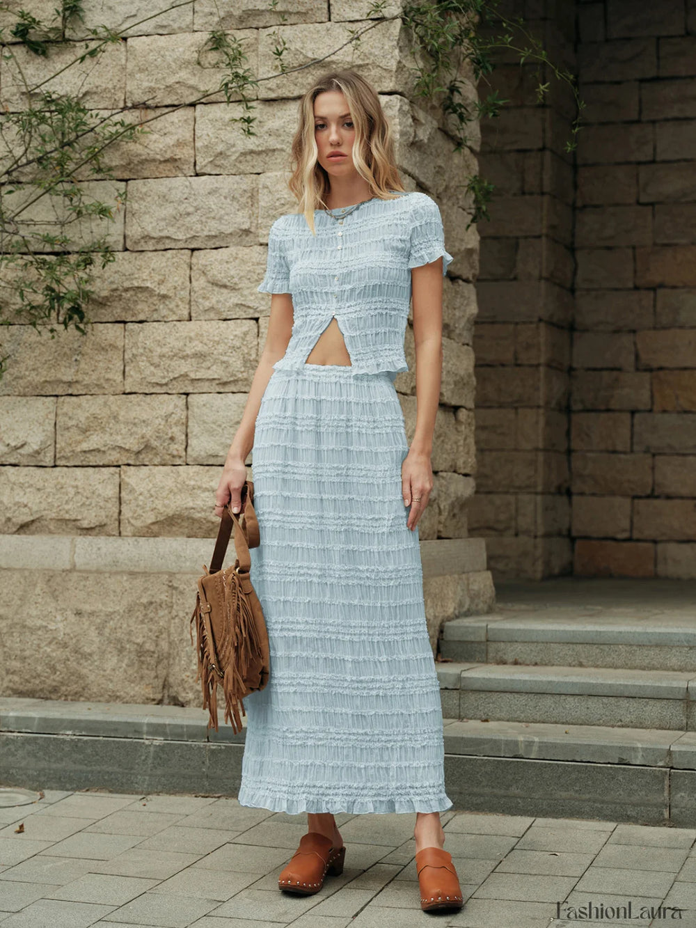 Ruffled Crop Top Skirt Set Blue / XS Skirt Sets