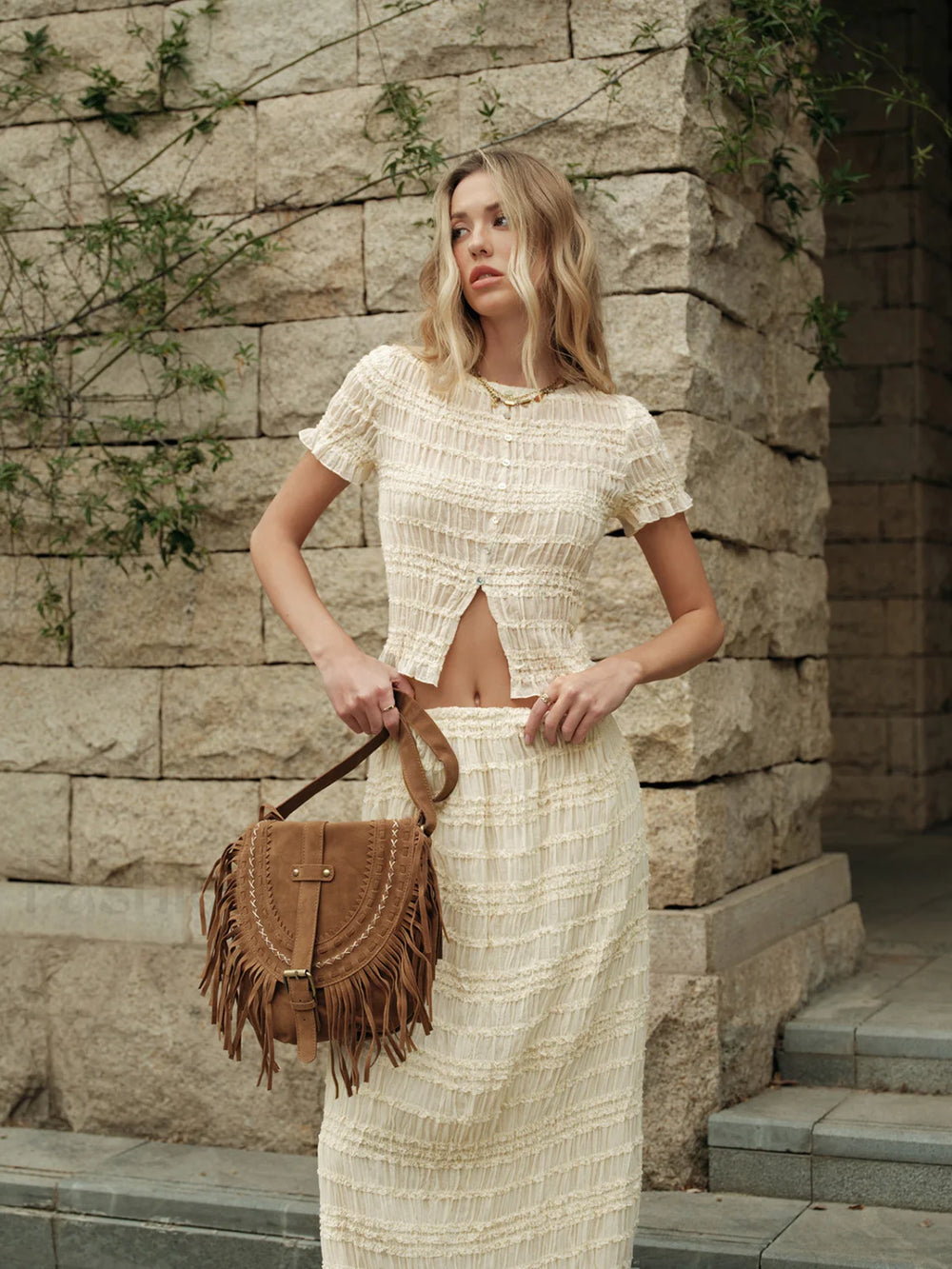 Ruffled Crop Top Skirt Set Skirt Sets