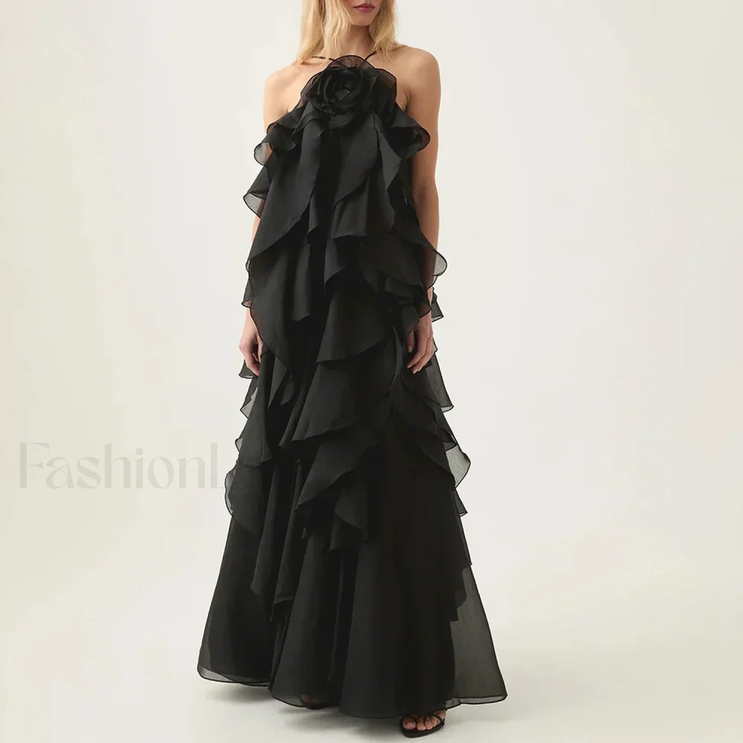 Ruffled Flower Chiffon Maxi Dress BLACK / S