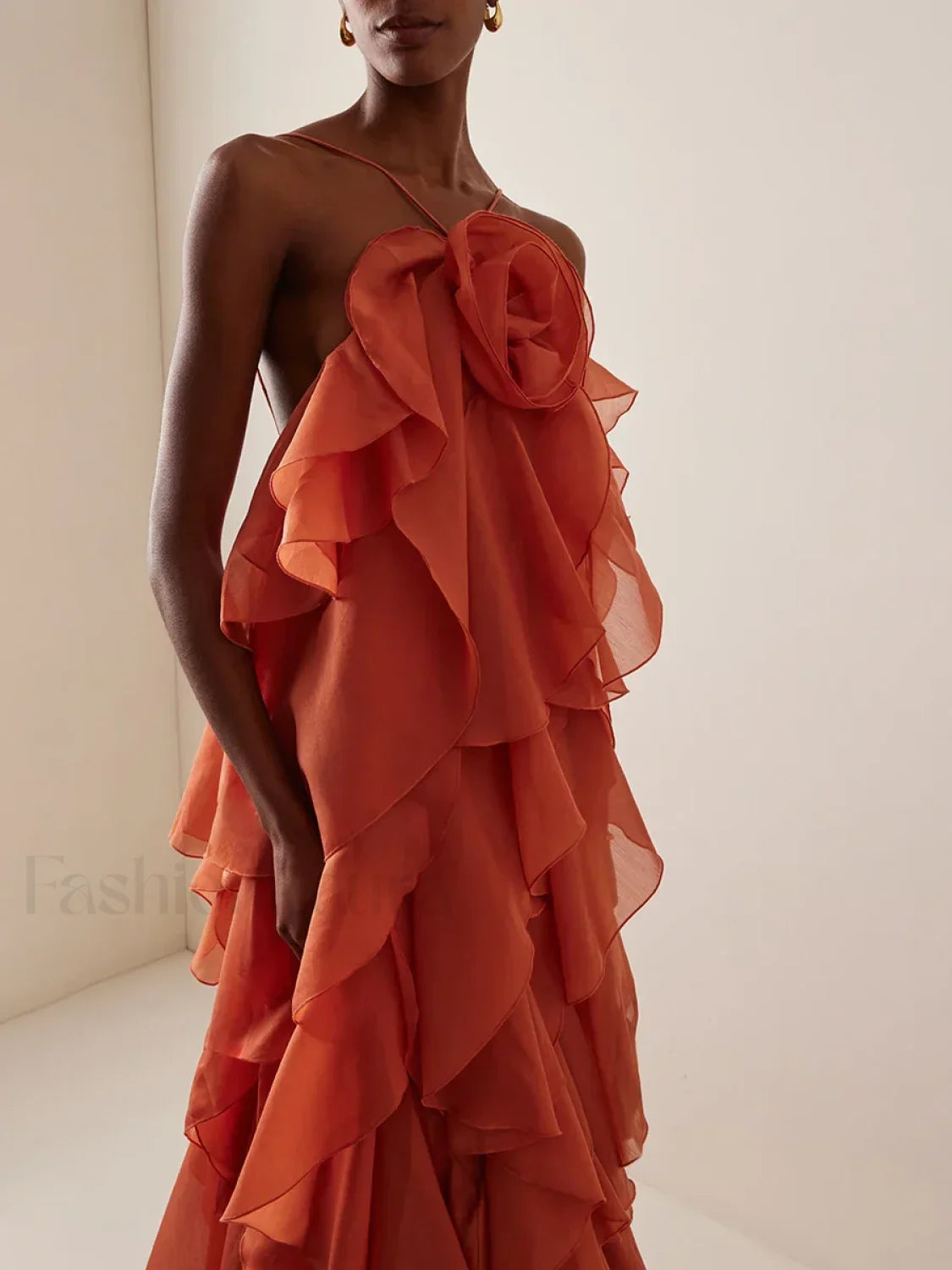 Ruffled Flower Chiffon Maxi Dress ORANGE / S Main image