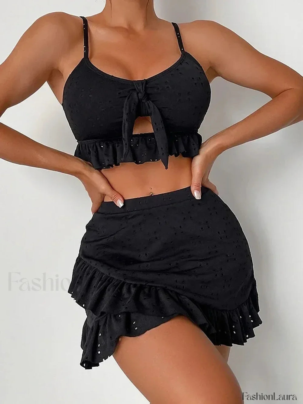Ruffled Hollow Bow Asymmetrical Three Piece Set