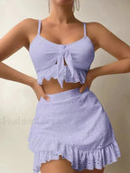 Ruffled Hollow Bow Asymmetrical Three Piece Set