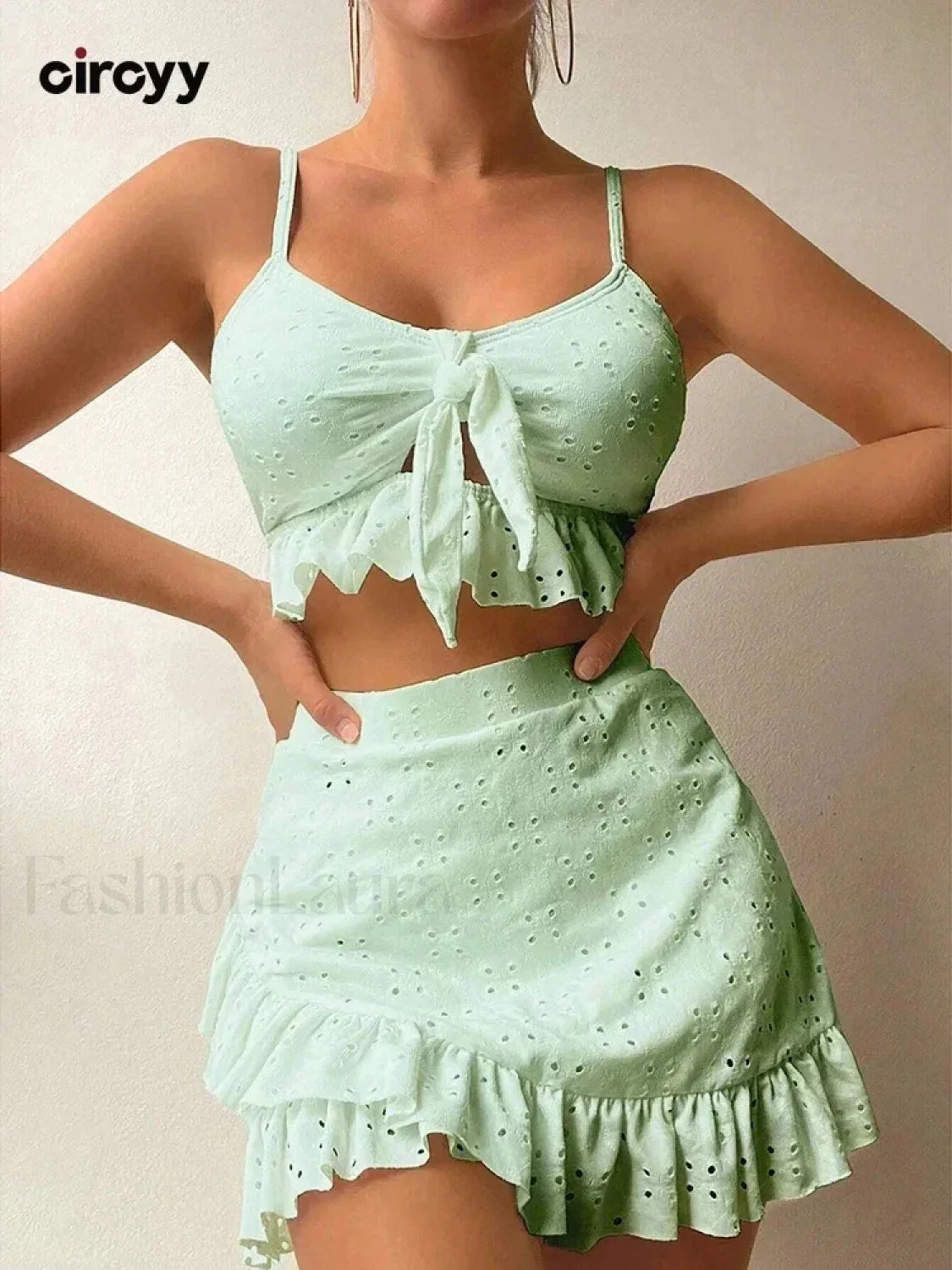Ruffled Hollow Bow Asymmetrical Three Piece Set Main image
