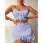 Ruffled Hollow Bow Asymmetrical Three Piece Set PURPLE / S