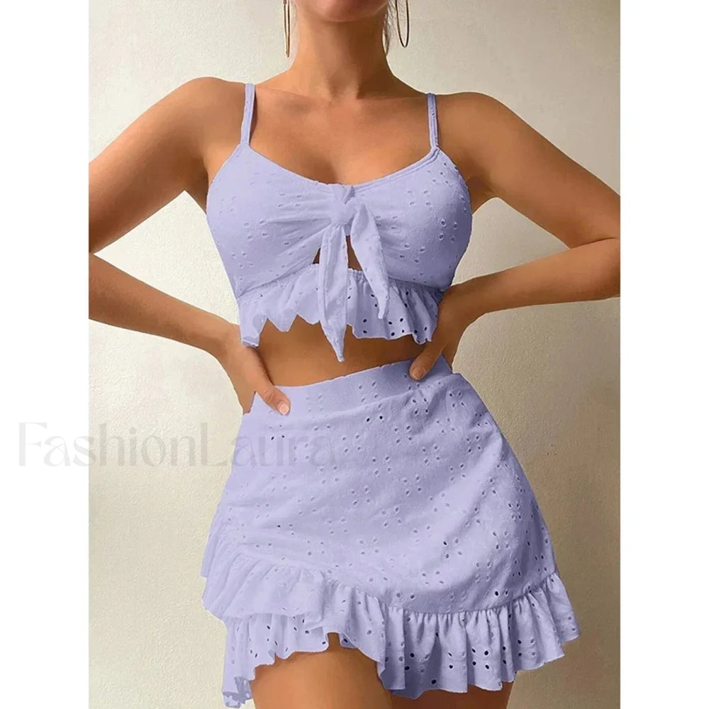 Ruffled Hollow Bow Asymmetrical Three Piece Set PURPLE / S