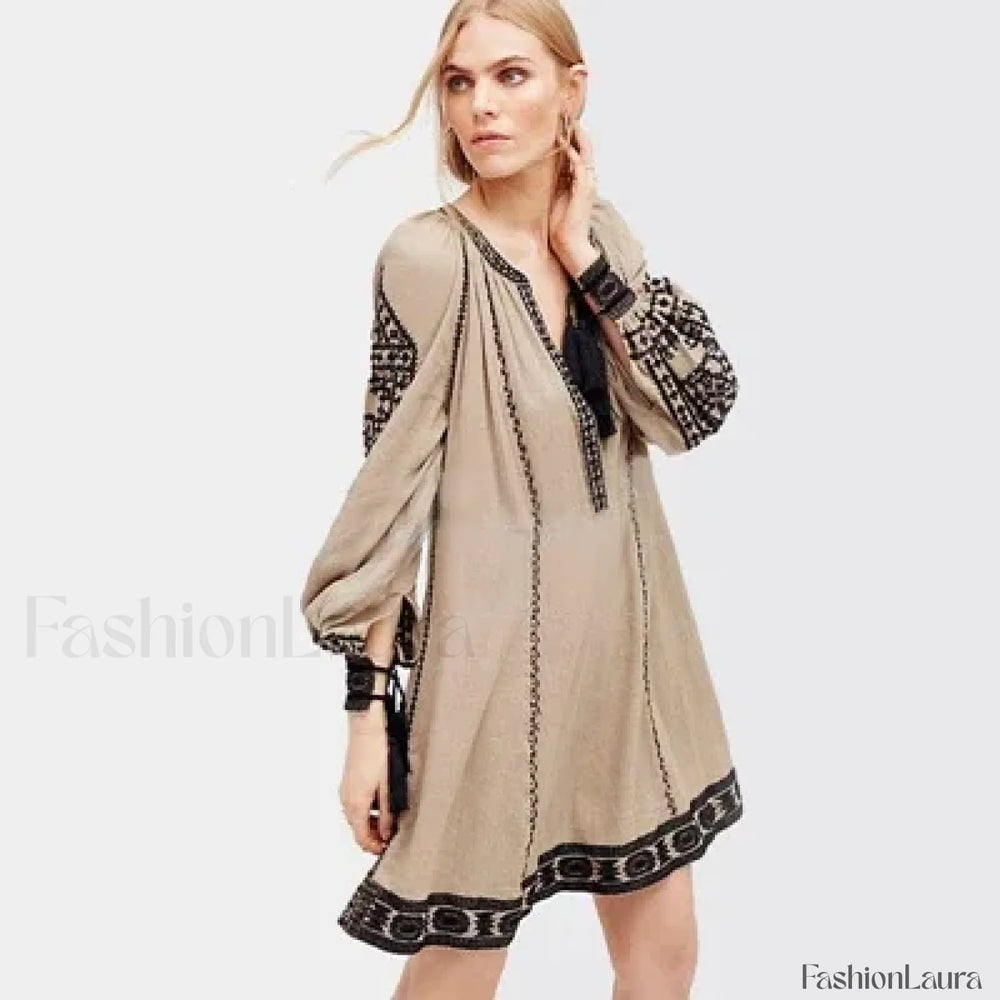 Ruffled Long Sleeve Boho Dress Khaki / S