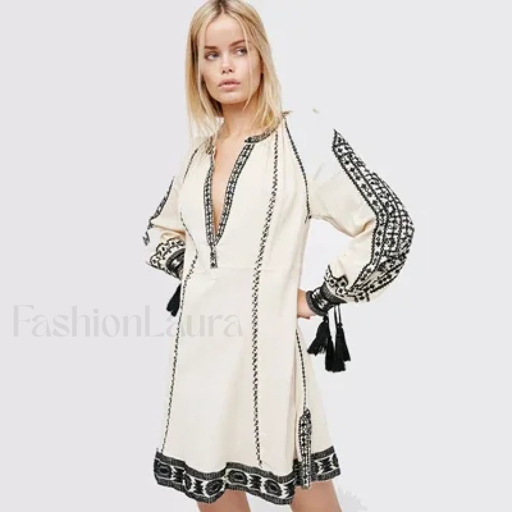 Ruffled Long Sleeve Boho Dress White / S