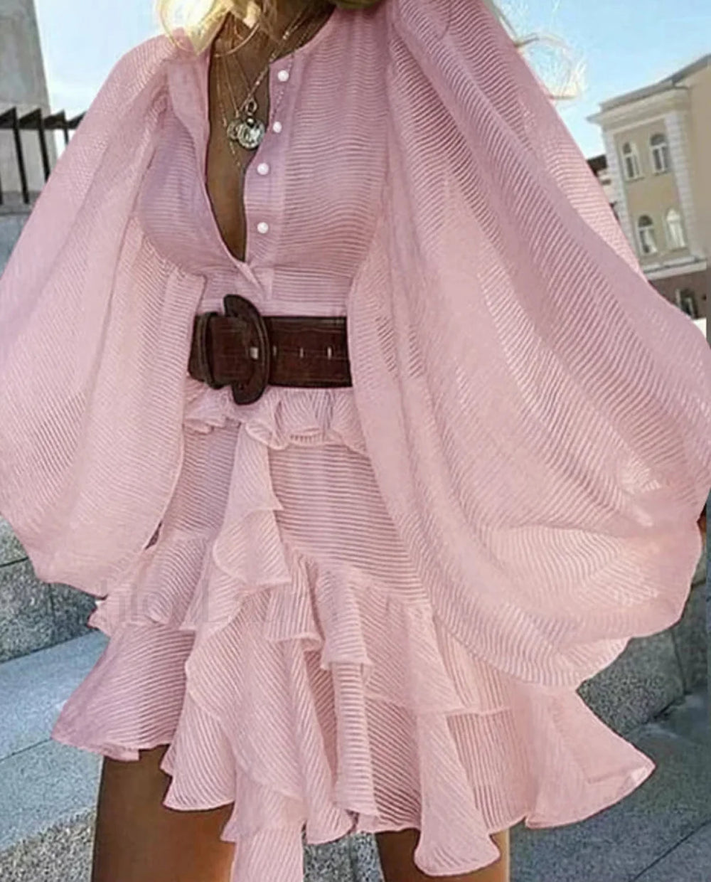 Ruffled Multi Layer Boho Dress Pink / S