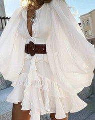 Ruffled Multi Layer Boho Dress WHITE / S