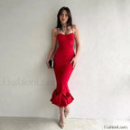 Ruffled Pencil Bodycon Midi Dress Red / S