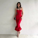 Ruffled Pencil Bodycon Midi Dress Red / S