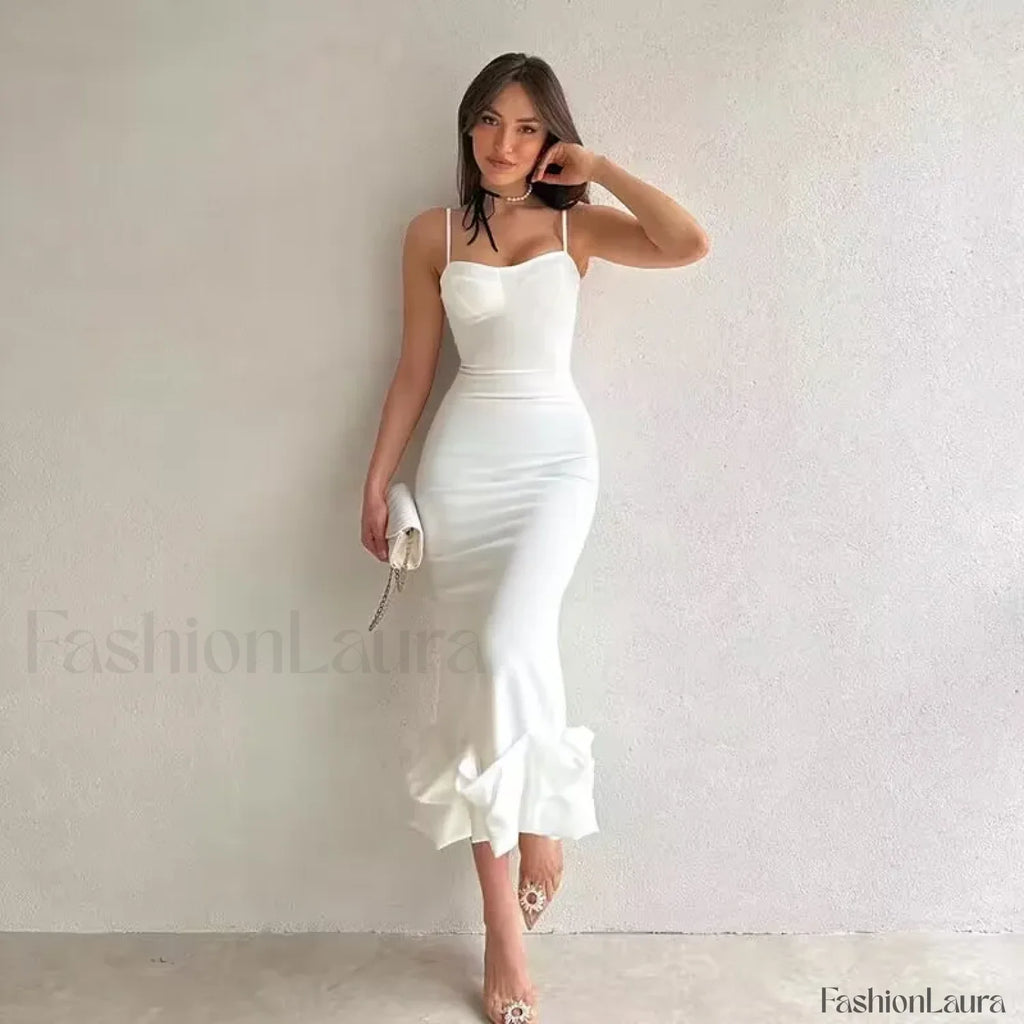 Ruffled Pencil Bodycon Midi Dress WHITE / S