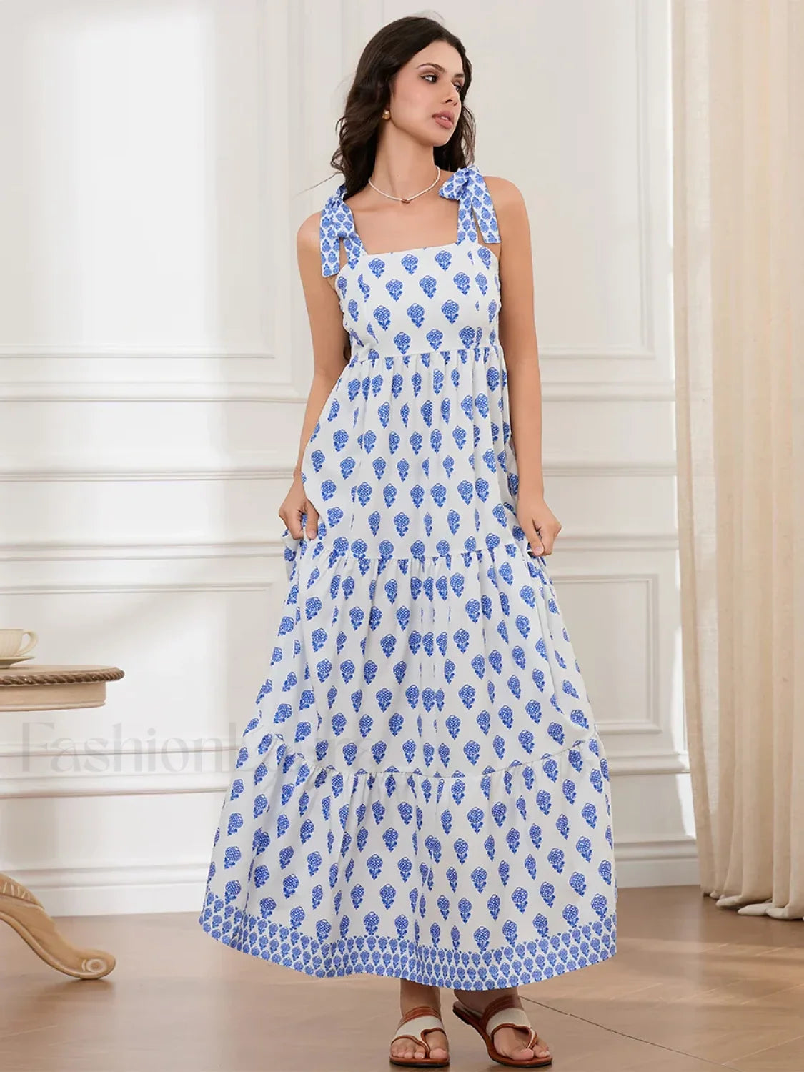 Ruffled Printed A Line Maxi Dress white / S