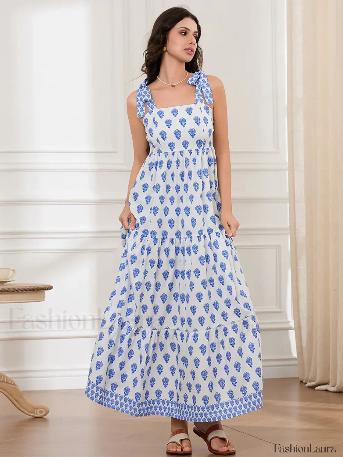 Ruffled Printed A Line Maxi Dress white / S