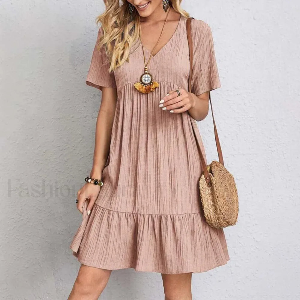 Ruffled Solid Mini Boho Dress Pink / S