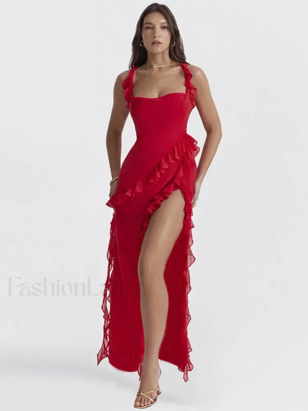 Ruffled Thigh Split Midi Dress