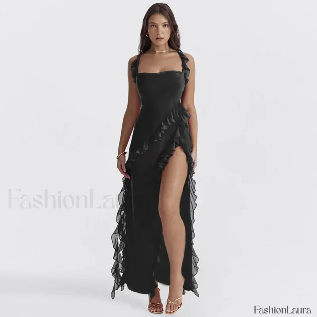 Ruffled Thigh Split Midi Dress Black / S