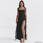 Ruffled Thigh Split Midi Dress Black / S
