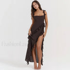 Ruffled Thigh Split Midi Dress Coffee / S