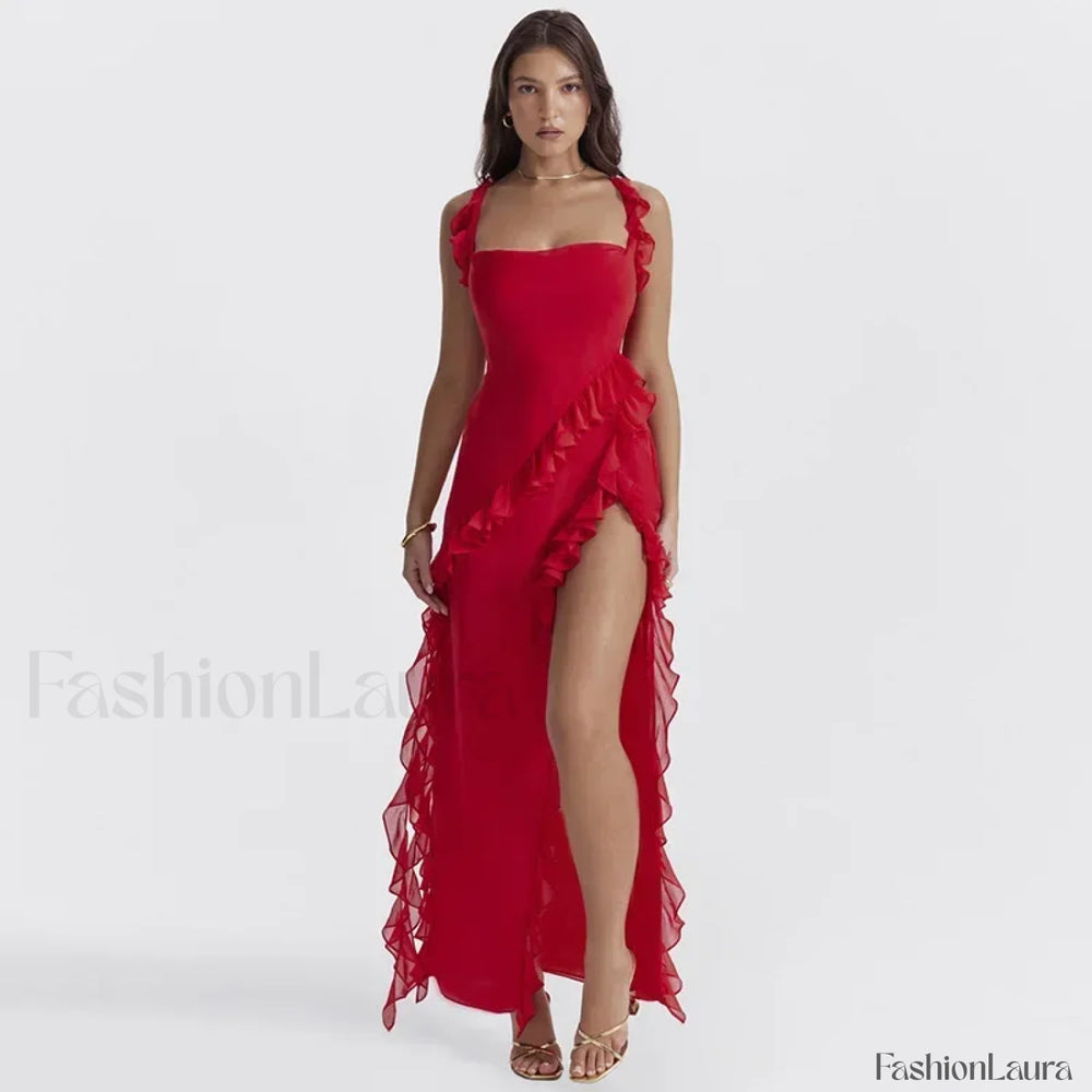Ruffled Thigh Split Midi Dress Red / S