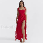 Ruffled Thigh Split Midi Dress Red / S