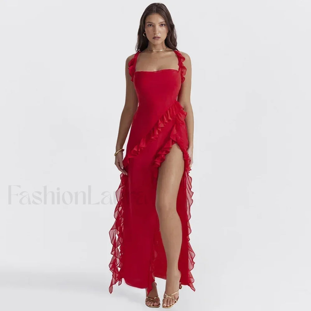 Ruffled Thigh Split Midi Dress Red / S