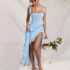 Ruffled Thigh Split Midi Dress SKY BLUE / S