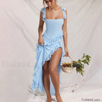 Ruffled Thigh Split Midi Dress SKY BLUE / S