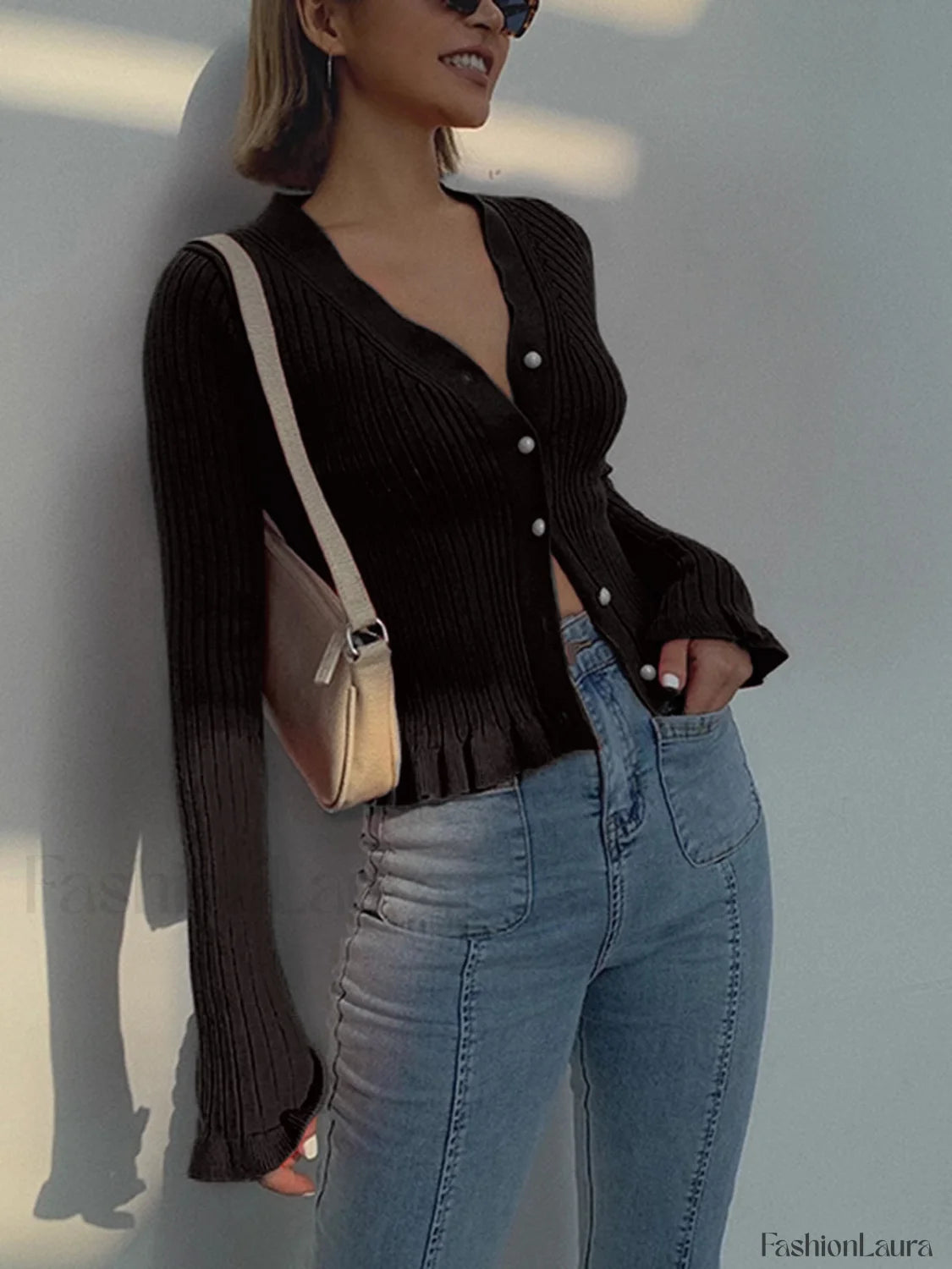 Ruffled Trim Pearl Button Long Sleeve Cardigan Black / XS Cardigans