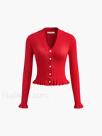 Ruffled Trim Pearl Button Long Sleeve Cardigan Cardigans