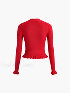 Ruffled Trim Pearl Button Long Sleeve Cardigan Cardigans