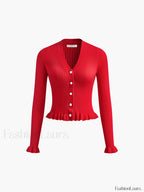 Ruffled Trim Pearl Button Long Sleeve Cardigan Cardigans