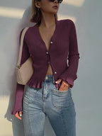 Ruffled Trim Pearl Button Long Sleeve Cardigan Fuchsia / XS Cardigans